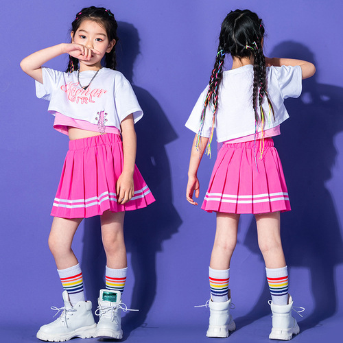 Children Rapper singer pink with white jazz dance costumes for girls boys Hip hip street dance outfits hip-hop boy street dance suit  cheerleader uniforms sports clothing