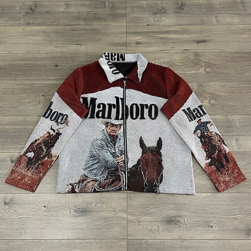 American retro western cowboy portrait printed zip-up jacket for men and women, Marlboro denim coat American retro western cowboy portrait printed zip-up jacket for men and women, Marlboro denim coat
