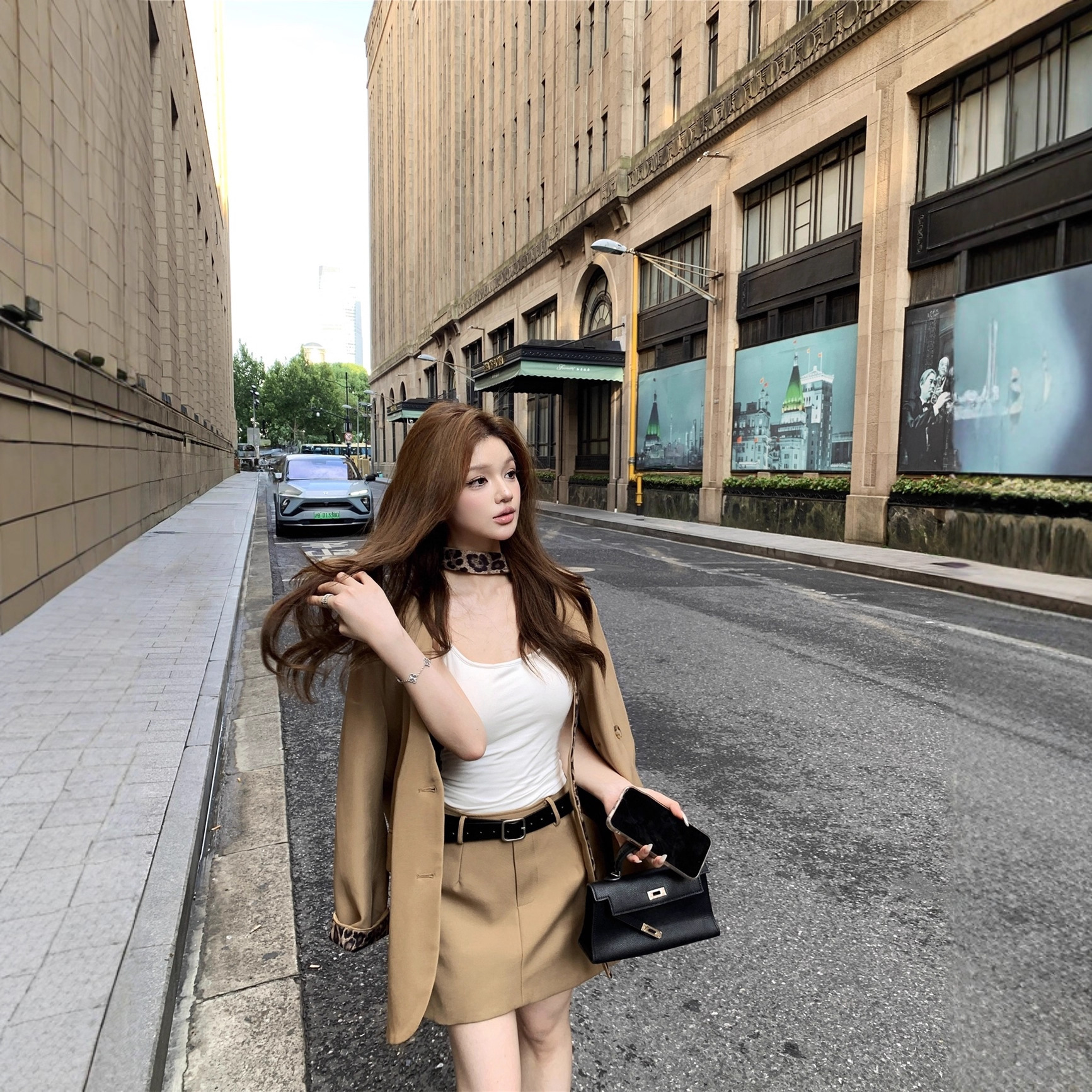 实拍帅气豹纹拼接卡其色西装外套女气质高腰半身裙套装两件套