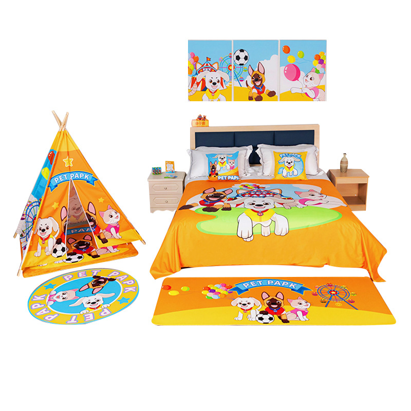 Hotel diseño de la habitación entre padres e hijos hotel para niños lindo tema de dibujos animados para mascotas decoración de la habitación familiar cama cubierta cama cola toalla almohada