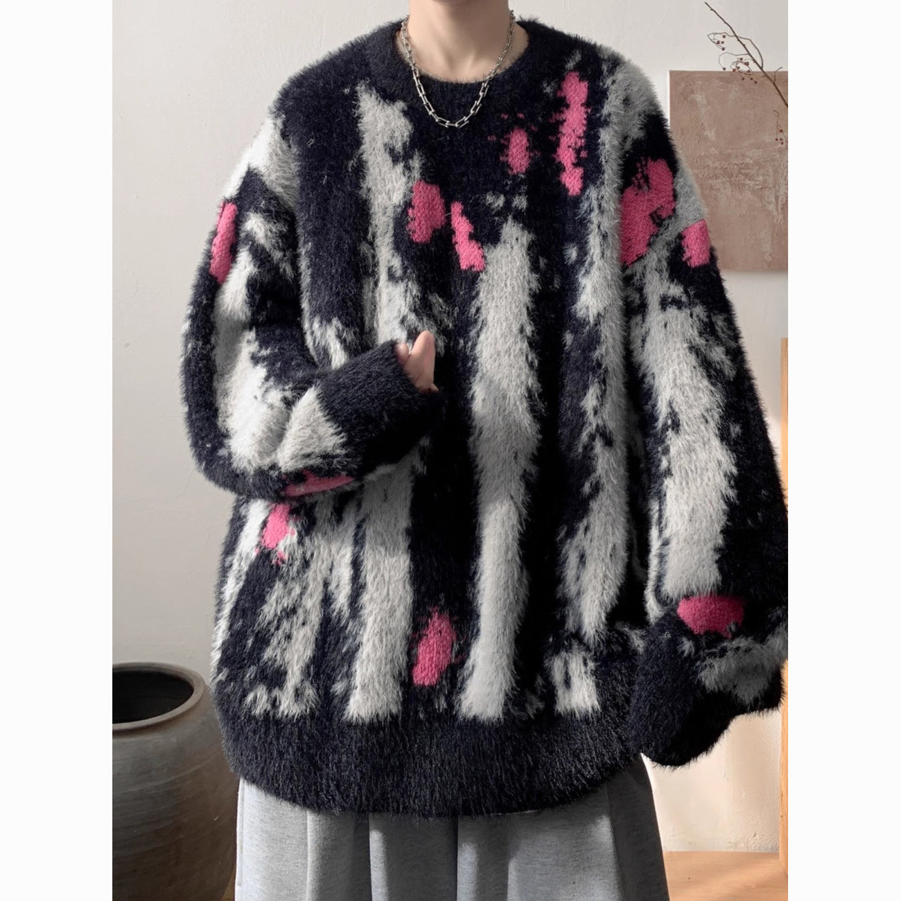 Cross-border tie-dye sweater men's 2026 winter new American trendy brand thick and lazy style loose knitted cardigan coat