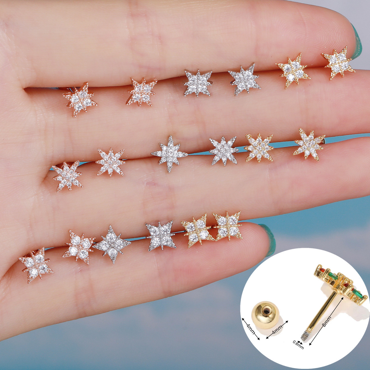 Mini Acht Granne Stern Ohr Knochen Stud Edelstahl Stange Twist Ball Piercing Ohrring Achteckigen Stern Ohr Stud display picture 1