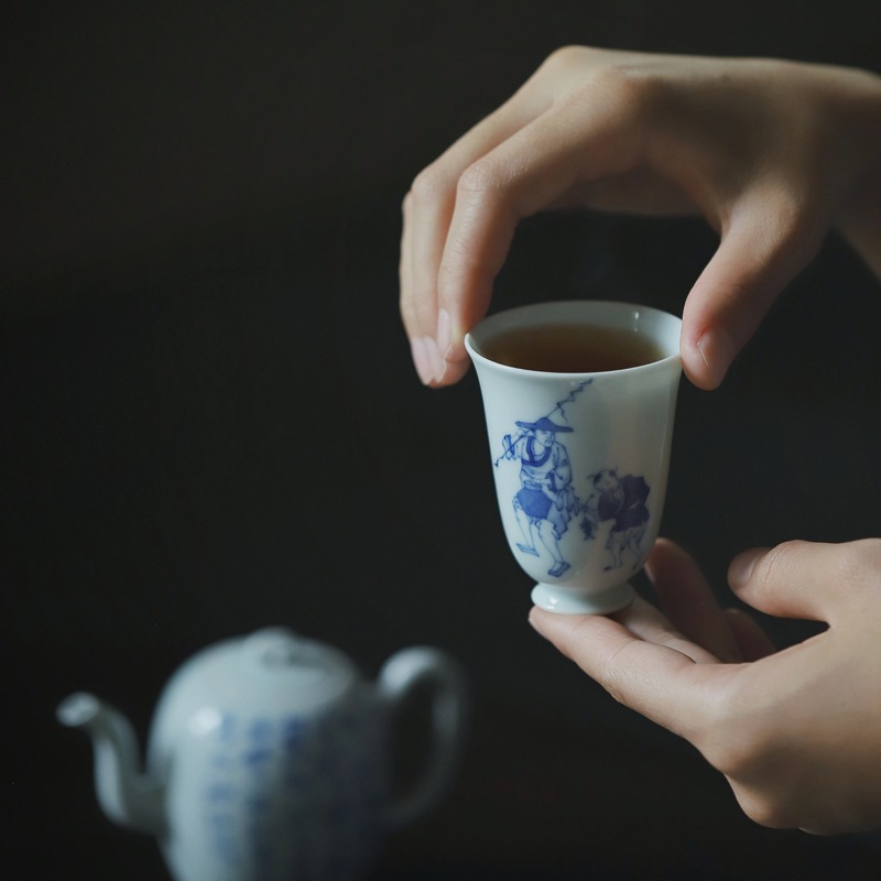 忘言造物有余得利品杯青花手绘山水人物陶瓷茶杯主人杯