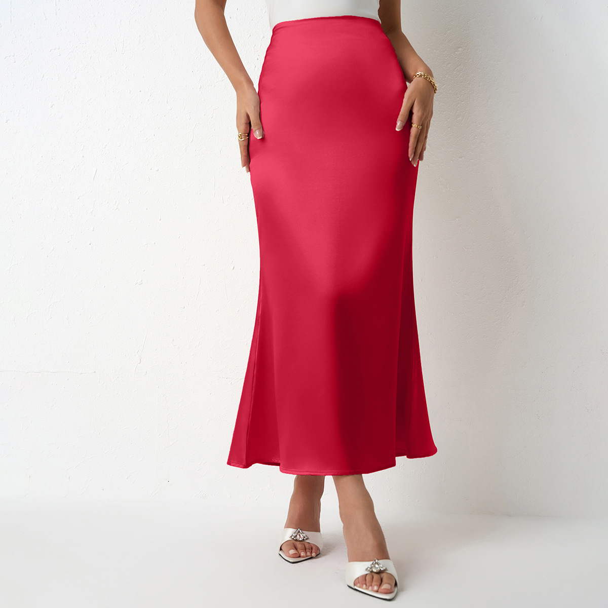 Elegant Women's Spring Summer New Slim Fit Satin Midi Skirt, Plain Color Gauze Medium Length Bustier Fish Tail Skirt