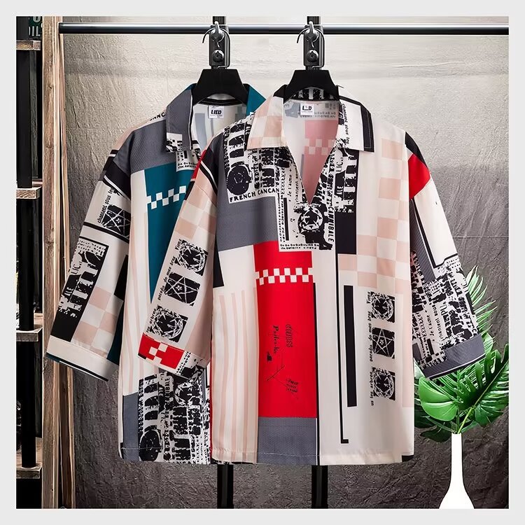 Summer Men's Short-Sleeve Printed Slim Fit Korean Style Casual Three-Quarter Sleeve Wrinkle-Resistant Shirt