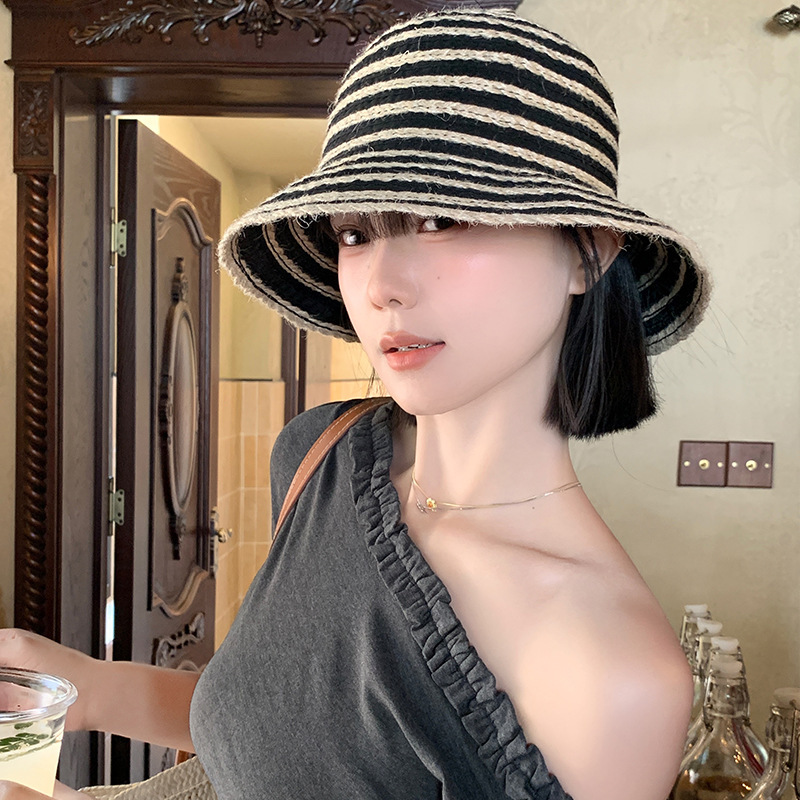 韩系复古条纹渔夫帽女夏季透气显脸小遮阳防晒出游海边沙滩草帽子|undefined