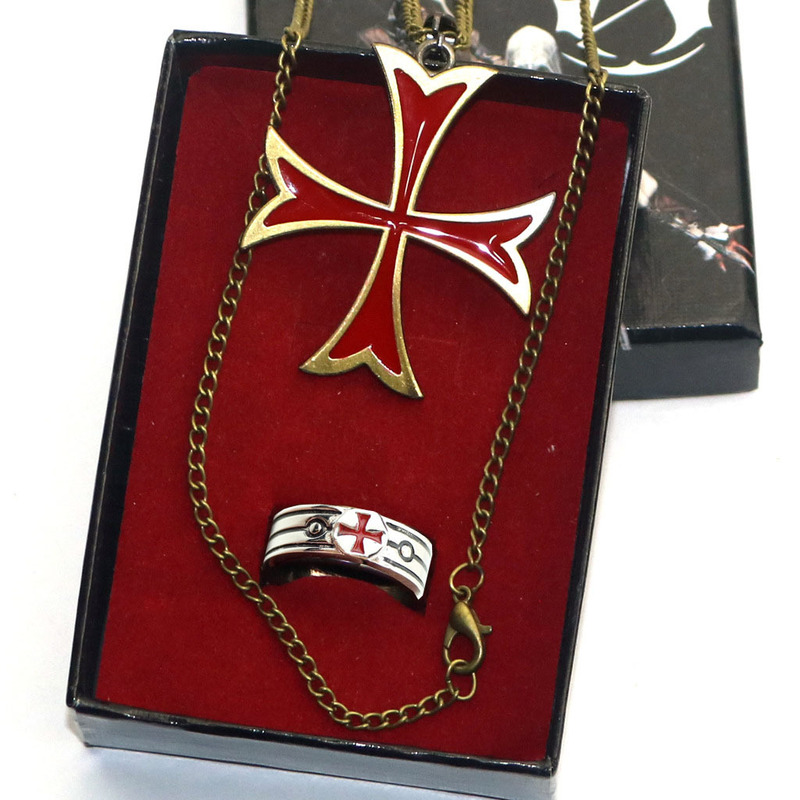 Assassin Origin Necklace Ghost Head Temple Knight Red Cross Ring with Swallowtail Cross Animation Game Jewelry Wholesale