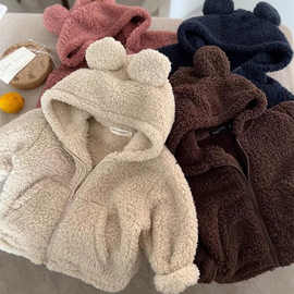 儿童毛绒外套男童冬款加厚棉服宝宝羊羔毛外衣女童耳朵毛毛衣咖色