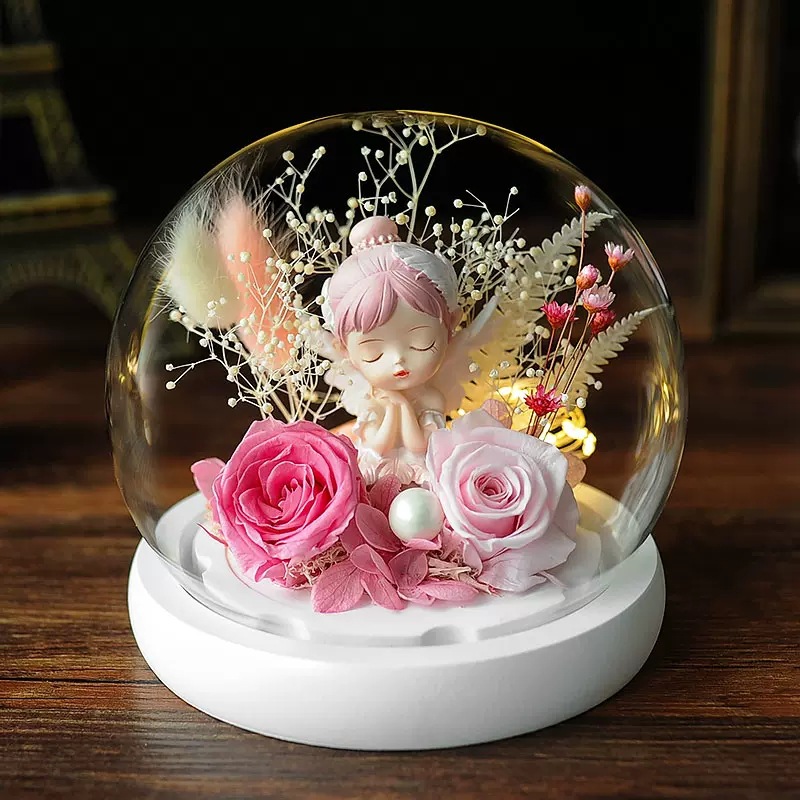 Flores de la vida eterna Rose Anne Angel Glass Cover Caja de regalo para la temporada de graduación de San Valentín para amigos de la escuela adornamiento de flores de la vida eterna