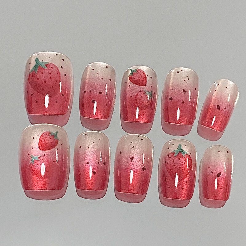 Strawberry Jam Hand-painted Cat's Eye Armor Gradient Sweet Ice-transparent White All-match Nail Art Patch Size 10 Pieces