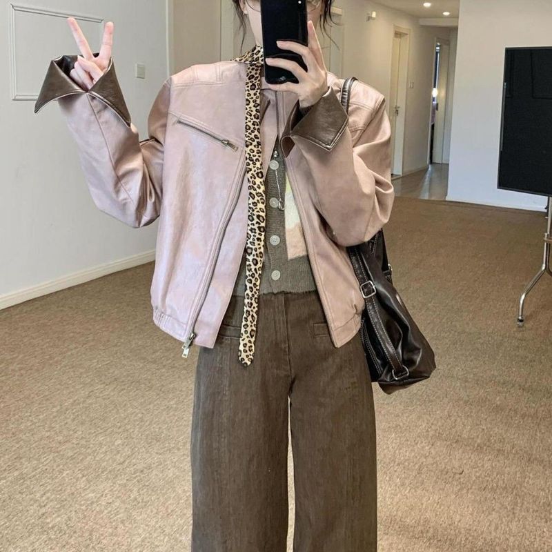 美式复古酷飒风撞色皮衣外套女秋季独特超好看廓形休闲夹克上衣|undefined