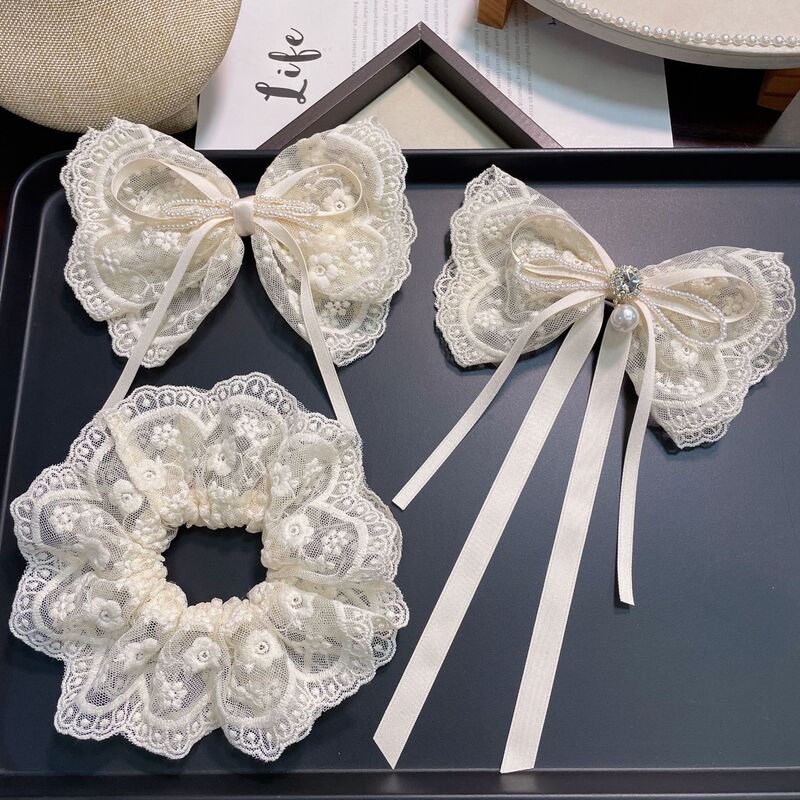 Internet Celebrity New Arrival Bow Ribbon Lace Embroidery Beige Hairpin Elegant Head Top Boutique Hair Accessories