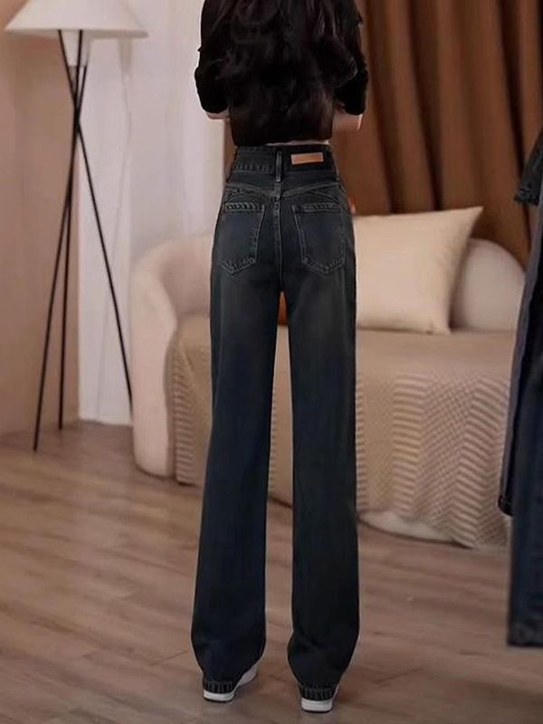 水泥灰加绒牛仔裤女2025春秋新款复古水洗显瘦宽松直筒拖地阔腿裤|undefined