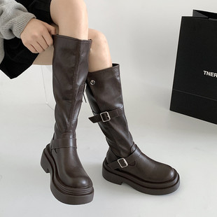 Brown Retro Maillard Thick-Soled Boots for Women 2025 New Summer Heightening and Slimming Look British Style Knight Boots