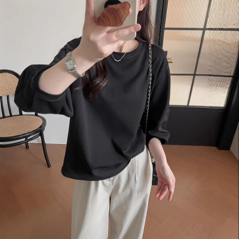 泽黛佳伊 明线灯笼袖T恤2025春夏新款宽松百搭显瘦圆领纯色五分袖|undefined