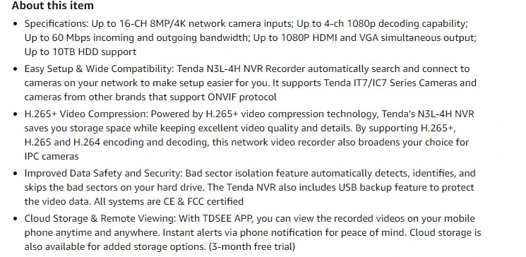 Tenda 16CH 8CH Network Video Recorder Security Camera