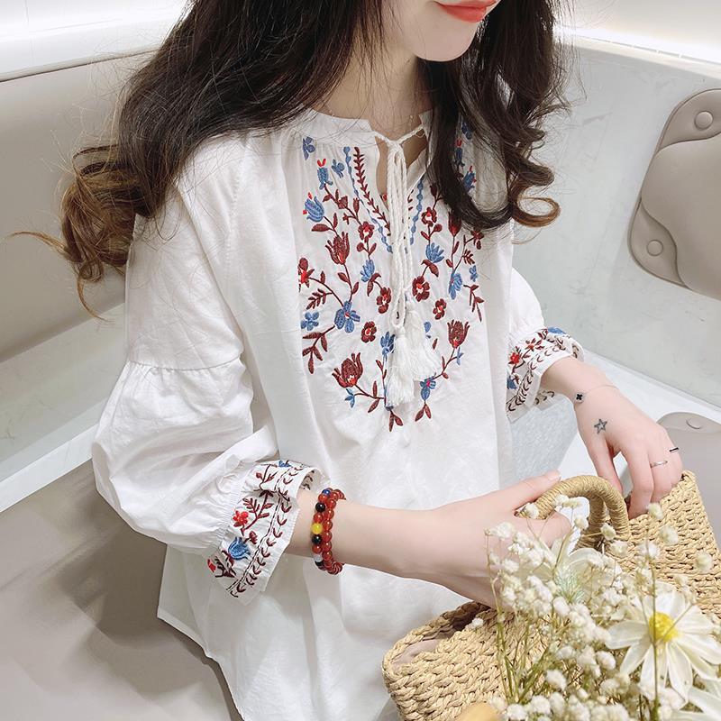 Women's doll sleeve fresh embroidered lace Artistic Lantern sleeve cotton loose fluffy doll shirt top blouse