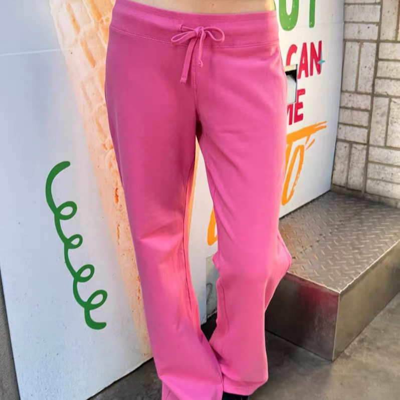 Bm Style New American Drawstring Rose Red Straight-Leg Casual Pants for Women, Loose Fit, Slimming, Versatile Sports Sweatpants Long Pants