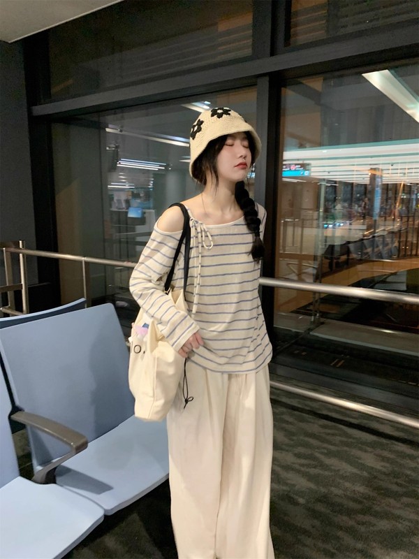 韩系蓝色条纹一字领露肩长袖T恤防晒罩衫女夏季外搭慵懒薄纱上衣|undefined