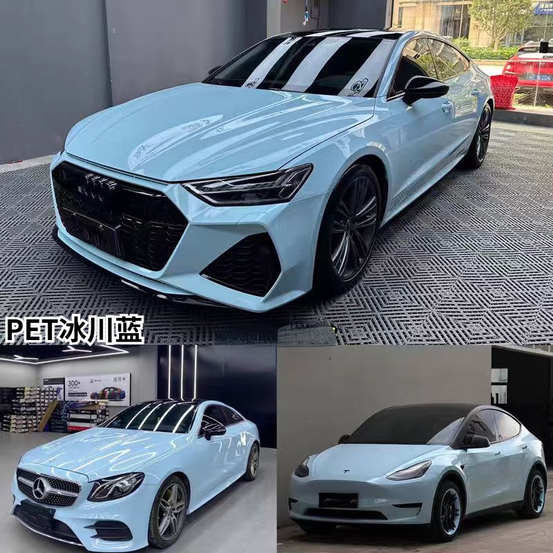 Car Wrap Film for Color Change, Pet Material, Full Car Wrap Film in Glacier Blue and Piano White, Leaves No Residue on the Car Body