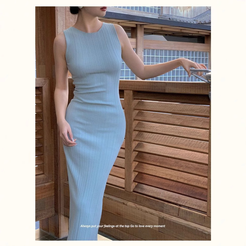 Vintage Sleeveless Knitted Vests Dress Women's Summer High-end Sense Pit Strip Tight Waist Slim-fit Slimming Hip dress Long Dress