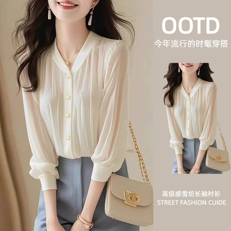 Французский уникальный красивый белый высокого чувства шифоновая рубашка топ 2025 новая рубашка с длинными рукавами рубашка женская