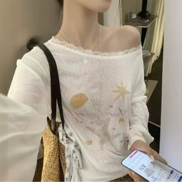 Korean Style Lazy Style Sun Protection Cover-Up for Women, New Summer Style, Off-Shoulder, Long-Sleeved, Printed, Loose-Fitting, Thin Sun Protection Clothing Korean Style Lazy Style Sun Protection Cover-Up for Women, New Summer Style, Off-Shoulder, Long-Sleeved, Printed, Loose-Fitting, Thin Sun Protection Clothing