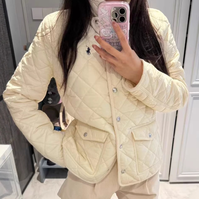 Rl Laff Horse Embroidered Logo American Old Money Style Commuter down Jacket Cotton Jacket Casual Top Women's Turn-Down Collar