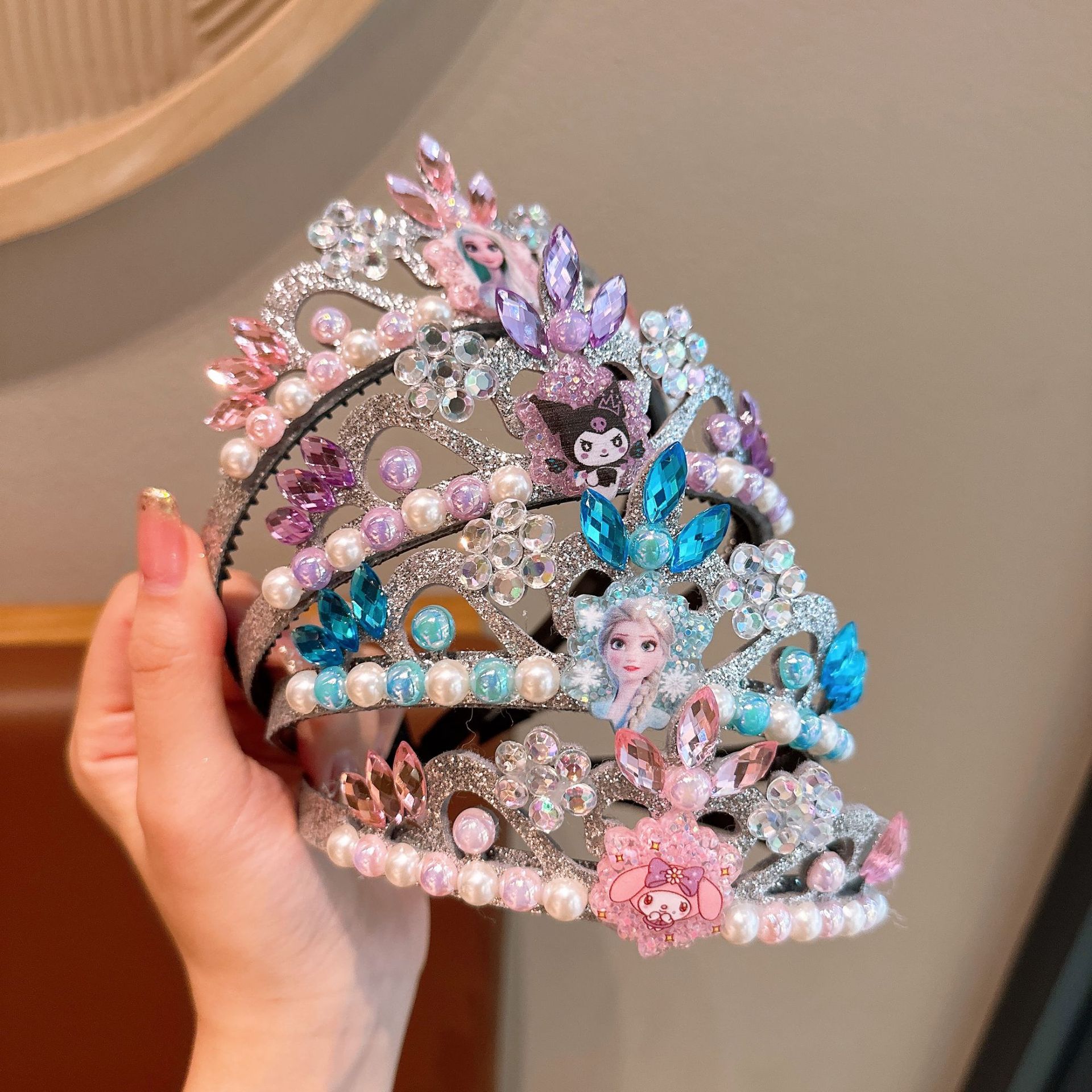 2025 nuevos niños princesa de nieve correa de pelo correa de perforación azul hanfu niña espectáculo correa de cabeza de corona de dibujos animados