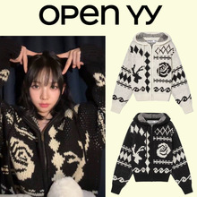 柳智敏同款韩国小众潮牌openyy麋鹿玫瑰花加厚毛衣连帽外套女秋冬