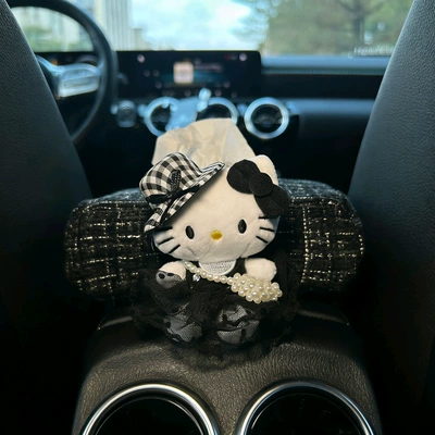 Chanel-Style Hello Kitty Car Tissue Car tissue box/set - black-straw-hat-black-gauze-skirt-pearl-bag-little-black-cat-armrest-black-small-fragrant-tissue-bag