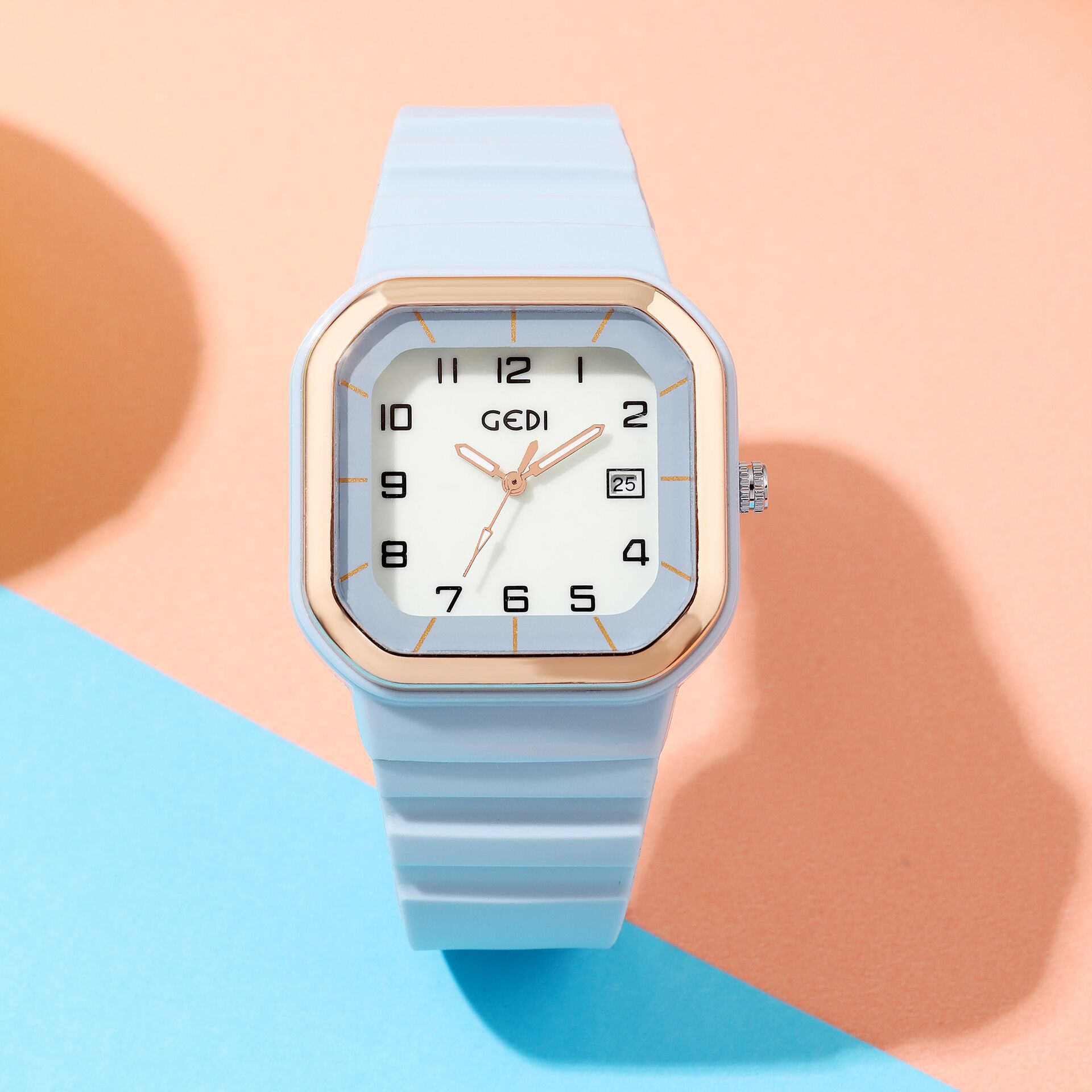 watch Gedi neutral square luminous digital scale with calendar, sports and fashion silicone tape, waterproof f_voghion.com