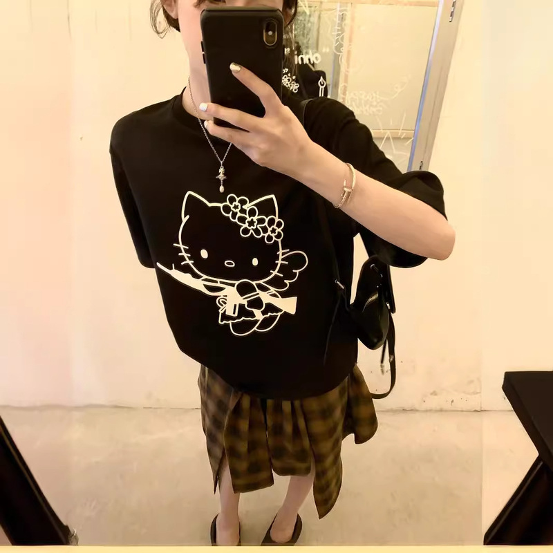 American Style Retro Cute Kitty Cat Short-sleeved T-shirt Women's Summer Trendy Brand Design Niche Loose Pure Cotton Black Top American Style Retro Cute Kitty Cat Short-sleeved T-shirt Women's Summer Trendy Brand Design Niche Loose Pure Cotton Black Top