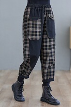 格子个性大口袋牛仔裤女2025春秋新款大码宽松显瘦时尚百搭哈伦裤