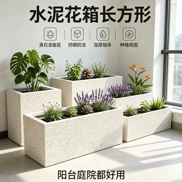 Real stone-effect cement planter box, rectangular, for outdoor use, sun-resistant and frost-resistant, suitable for balconies, gardens, and long flower beds