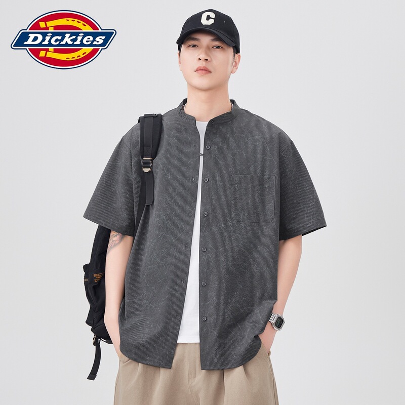 Dickies Special Edition Summer Stand-Collar Short-Sleeve Shirt for Men, Loose Five-Quarter Sleeve Shirt Jacket, Japanese Retro Style