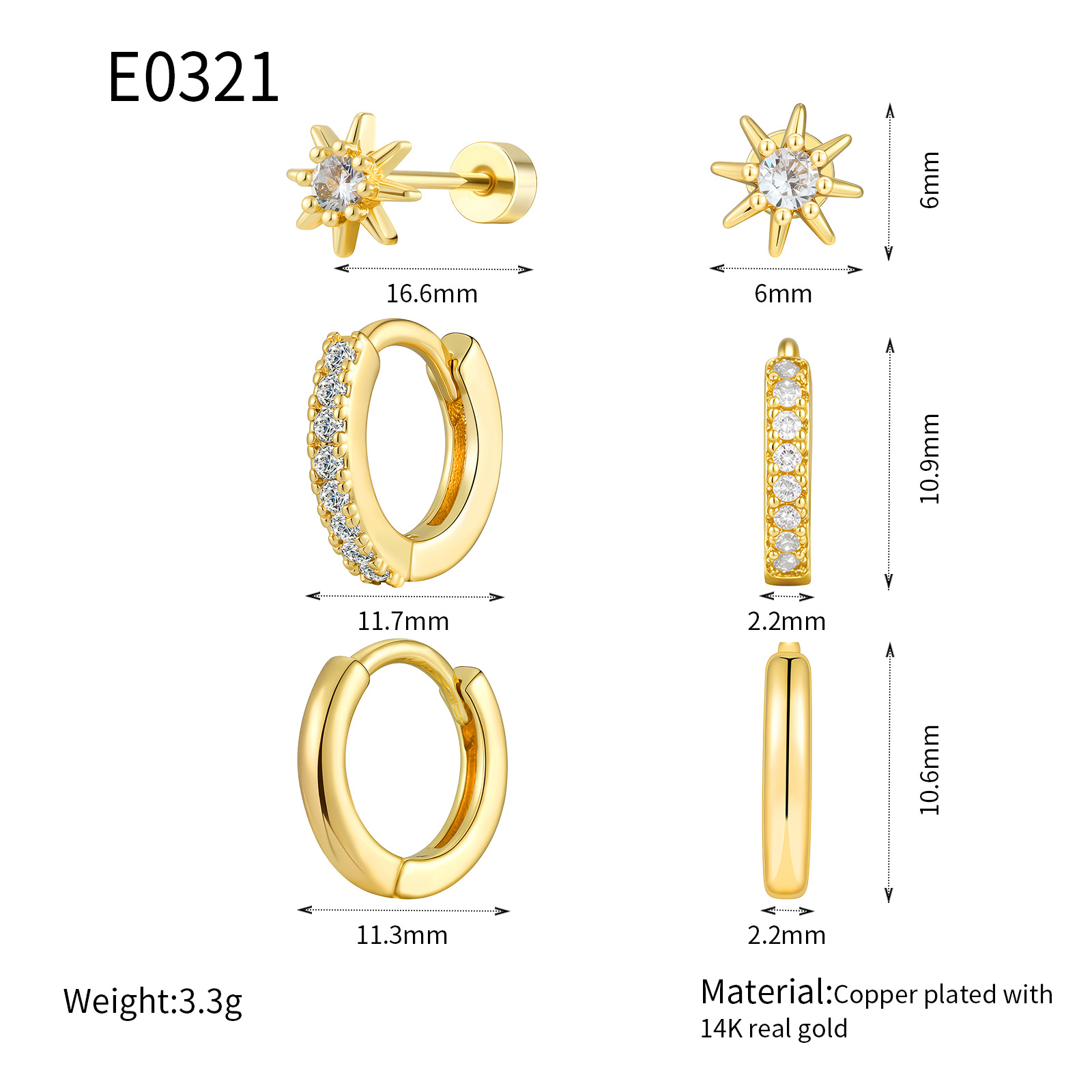 Three Piece Set Earrings With 14K Gold Plating And Zircon Inlay High-End Jewelry Style Copper Material Eight Pointed Star Design_voghion.com