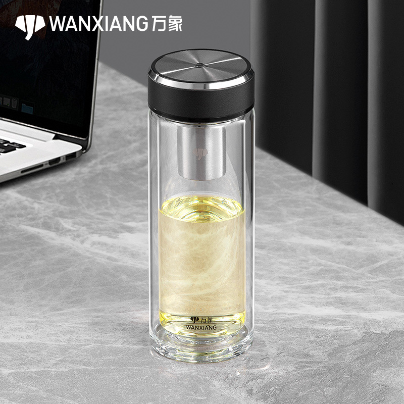 万象新款商务双层高硼硅玻璃杯男士茶水分离泡茶杯办公水杯子车载