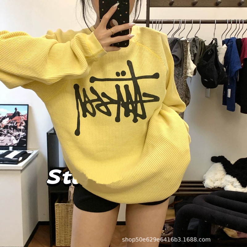 stu26SS Autumn New Style Chicken Yellow Waffle Embroidery American Casual White-Enhancing Round Neck Raglan Long Sleeve Women's Top