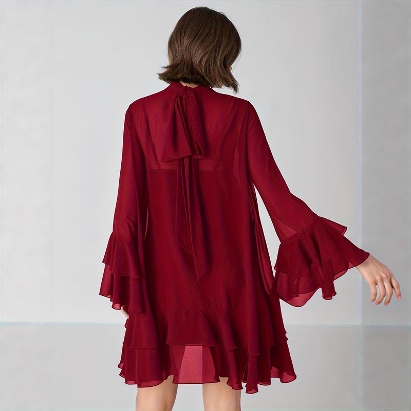 2025Ins European and American Chiffon Half-High Collar Bell Sleeve Dress Short Skirt Cross-Border European and American Loose Mini Skirt in Stock