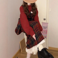 红色格子背带连衣裙子女秋冬季新款新年穿搭过年战袍毛衣套装长裙