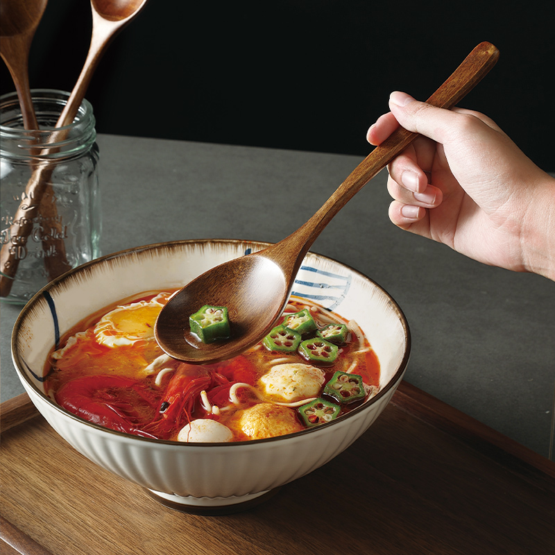 Factory Direct Batch Wide Mouth Wooden Dry Rice Spoon Japanese Wooden Spoon Eating Sowing Powder Wooden Soup Spoon Long Handle Ramen Wooden Spoon