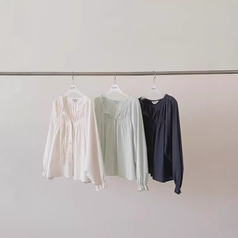 Now Available: H Erume Korean Style 26 Autumn Buttoned Pleated Doll Collar Long-Sleeve Shirt for Women with French Lace Trim