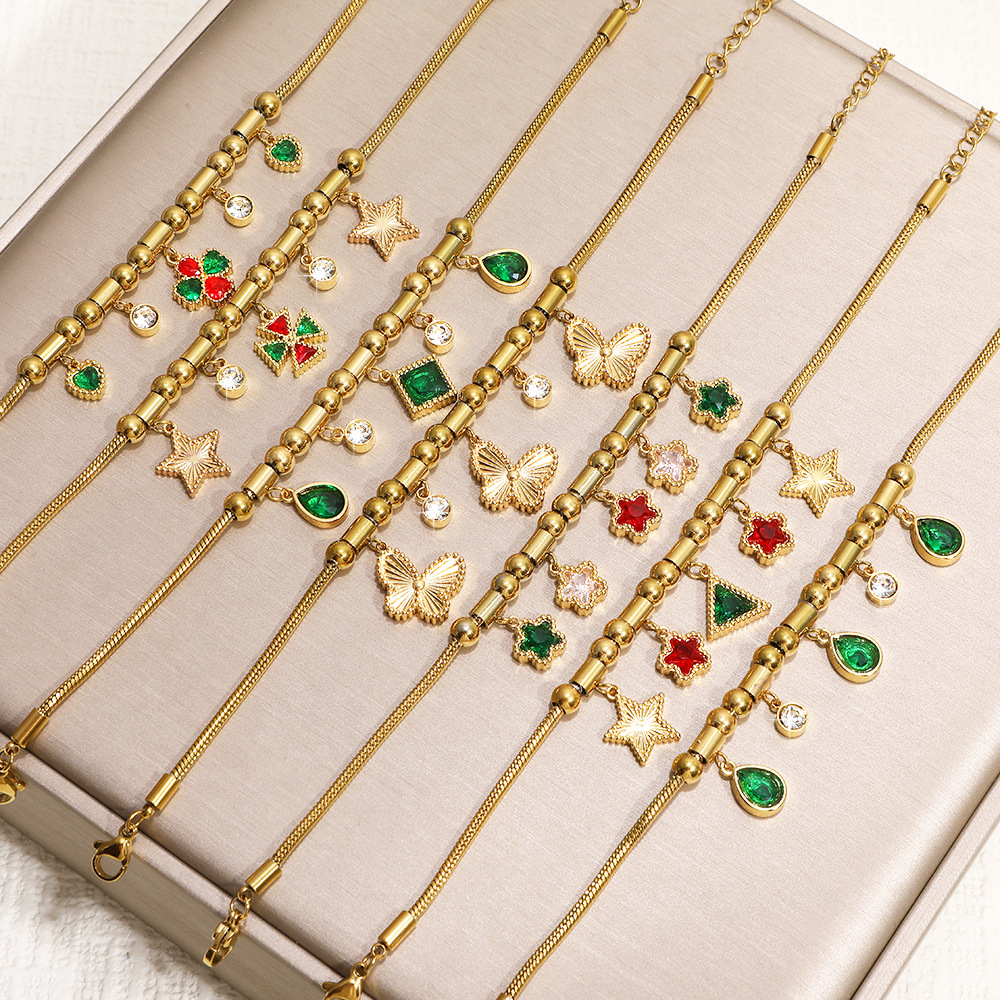 European And American Cross-Border Star Flower Butterfly Stainless Steel New Beaded Bracelet Emerald Zircon Fashion_voghion.com