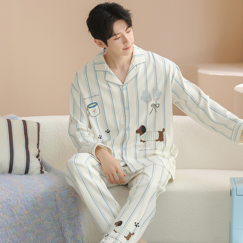 2025 New Autum Men's Pajamas 100% Cotton Long-Sleeved Cardigan Suit Cartoon Teenagers Cotton Home Clothes