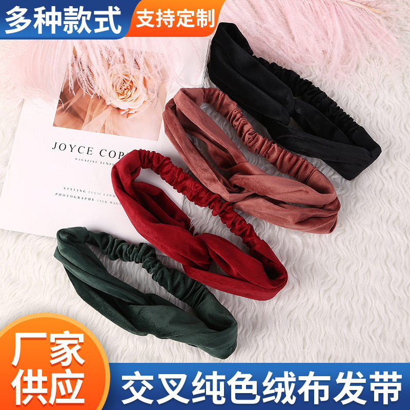 Europa y América transfronteriza cruzada banda de pelo de franela de color sólido banda de pelo de las mujeres Internet celebridad elástico alto elástico accesorios para el cabello cuerda de pelo al por mayor