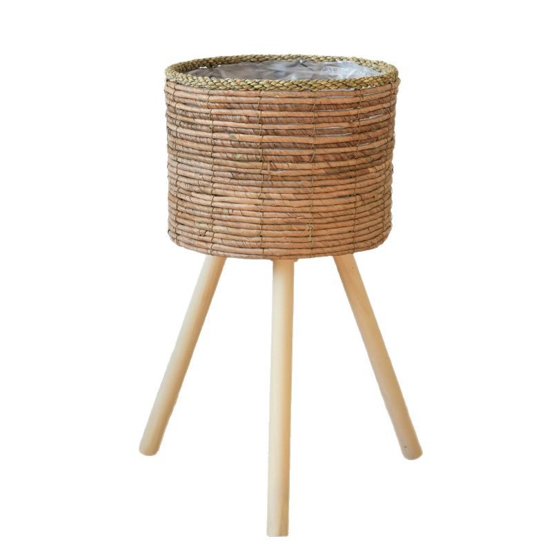 Balcón nórdico de caña decorativo de plantas estante de madera sólida sala de estar tipo piso de paja flor trenzada en maceta bambú trenzado estante