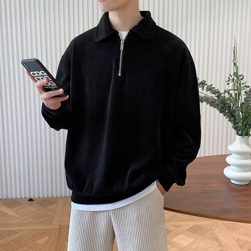 Half Zip Long Sleeve T-shirt Men Spring and Autumn New Loose Top for Men's Fashion Brand Casual Polo Neck Sweater_voghion.com