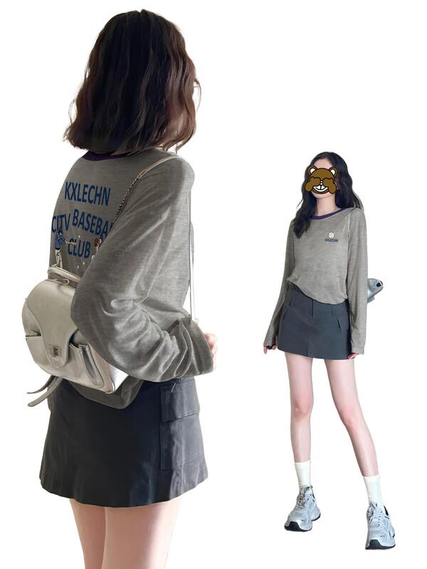 韩系拼色领长袖罩衫t恤防晒服女装夏季宽松时尚轻薄灰色体恤上衣|undefined