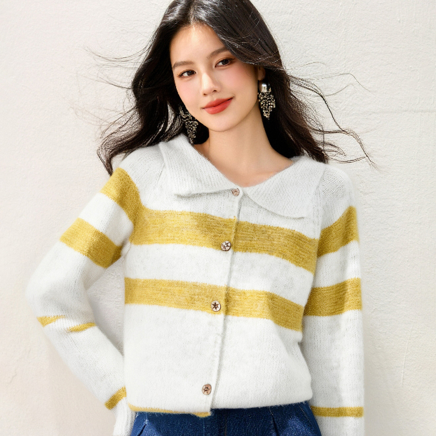 R9187气质韩系复古撞色条纹毛衣开衫外套女秋冬宽松慵懒风针织衫